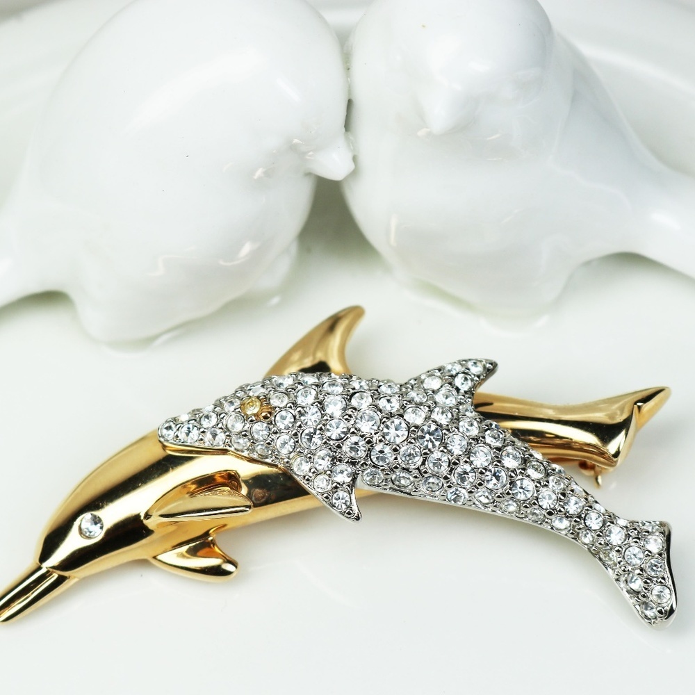 Vintage 1991 Swarovski Crystal Dolphins Brooch